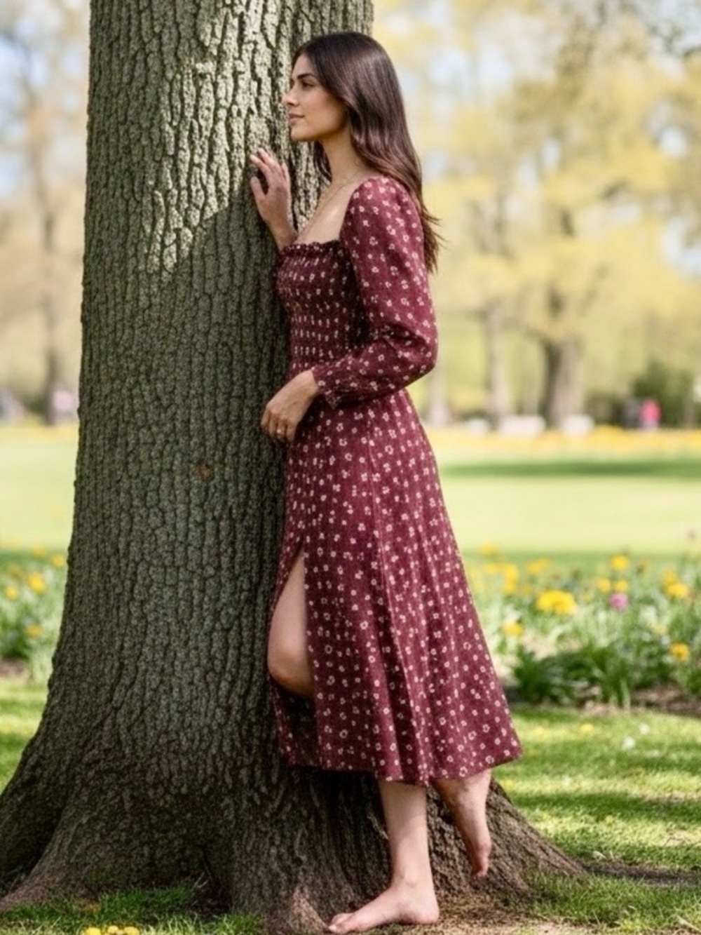 SHEIN Floral Ditsy Smocked Square-Neck Midi Dress - Picture 3 of 11